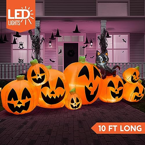 Image of Joiedomi 10 FT Long Halloween Inflatables Outdoor Decorations, Blow Ups Inflatable Pumpkin for Yard with Witch's Cat, 8 Pcs Blow Up Pumpkin Decor for Halloween Decorations Outside