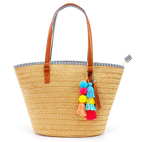 Cosyres Bolsa de playa grande de paja para mujer, bolsa grande de verano, viaje con pompones