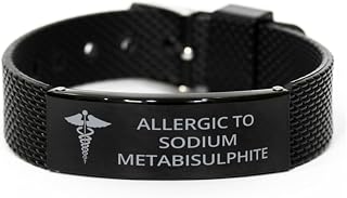 Medical Black Shark Mesh Bracelet, Allergic to Sodium Metabisulphite Awareness, Medical Symbol, SOS Emergency Health Life Alert ID Engraved Stainless Steel Silver Jewelry Adjustable Bracelet For Men