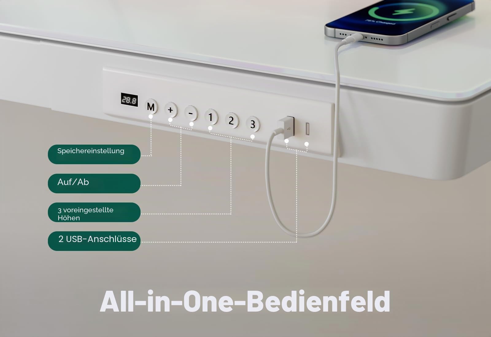FEZIBO Elektrischer Stehschreibtisch mit Glasplatte, höhenverstellbar, 140 x 60 cm, Homeoffice-Tisch, mit USB-A- bis C-Ladeanschluss, Weißer Rahmen/Weiße Tischplatte