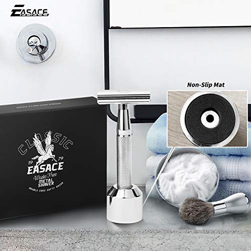 EASACE Long Handle Double Edge Safety Razor Razors for Men Women Wet Shaving Kit+1 Stand+1 Shaver Cleaning Brush+10 Stainless Steel Double Edge Safety Razor Blades+1 Delicate Box（Silver） - Thumbnail 6