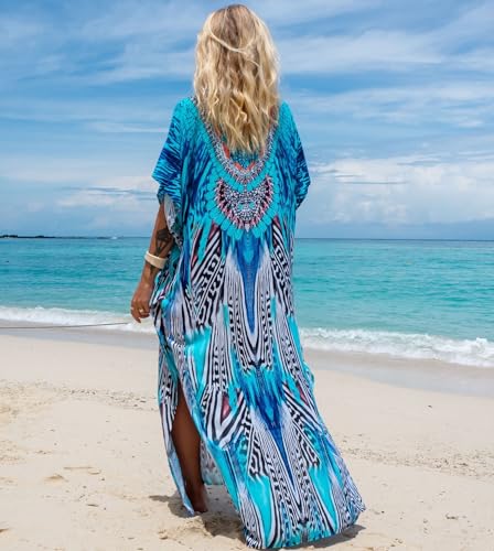 Women's Plus Size Moroccan Print V-Neck Batwing Kaftan Loose Fit Beach Dress Bathing Suit Cover Up4
