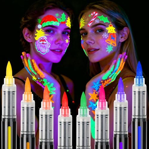 ThEast 8 Glow in the Dark Body Paint, UV Neon Face Paint, Face Painting Pens, Washable Tattoo Markers for Skin, Festival Essentials, Halloween Makeup Kit