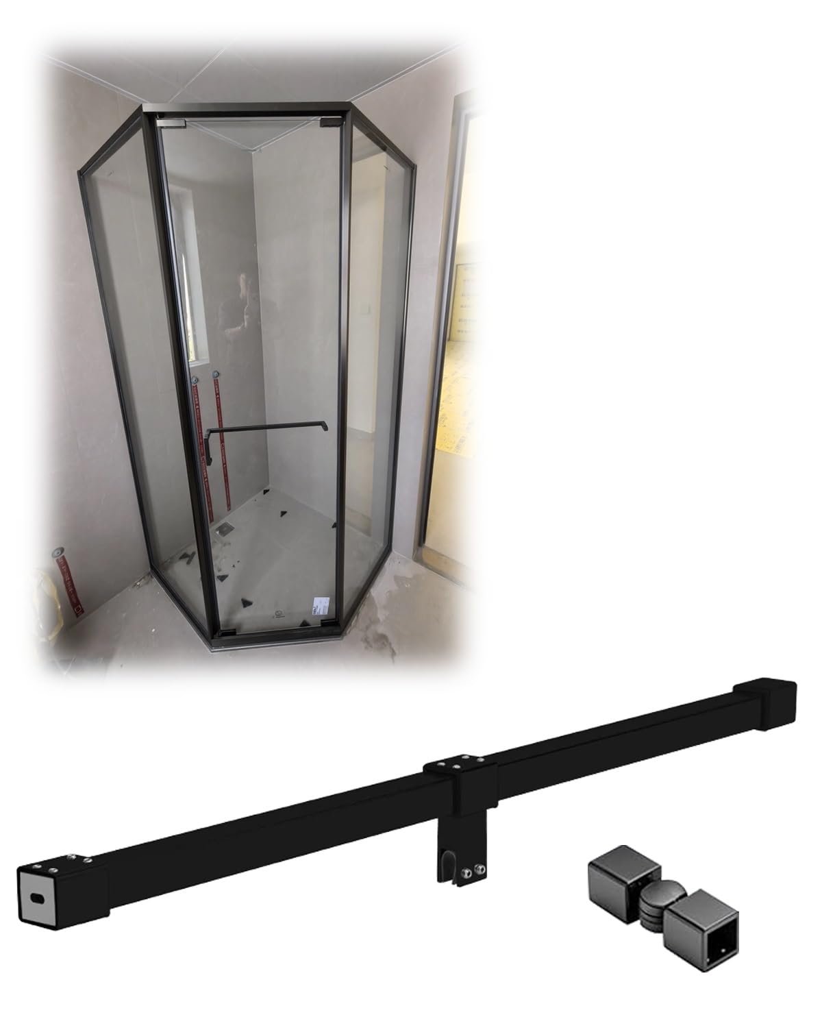 7- 78 in Shower Screen Support Bar with 360° Rotatable Brackets, Fixed Glass Panel Stabilizer Arm Fits 8-10mm Vitreous, Partition Brackets(Black,130cm/51in)