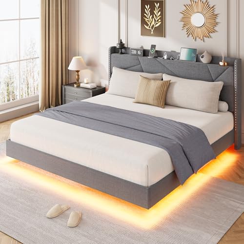 GarveeHome Full Floating Bed Frame with LED Lights & Charging Station, Upholstered Platform Beds with Storage Headboard & Folding Shelves Storage, Metal Slats Support, No Box Spring Needed, Grey