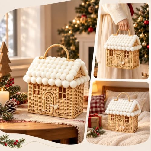 Winter Cottage Shaped Christams Decorative Basket W/Fluffy Balls Roof - image 5