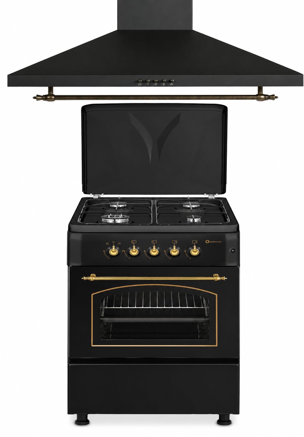 PACK AHORRO COCINA GAS F6S40G2 + CAMPANA de 90 cm H90PR / ESTILO RUSTICO NEGRO CON RIBETES DORADOS/ANCHO 60 CM/FUEGOS CON ENCENDIDO AUTOMATICO/HORNO 60 L.