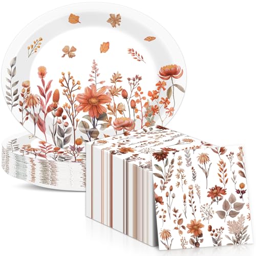 50Pcs Fall Floral Paper Oval Plates 11inch Autumn Plates and Napkins for Fall Wildflower Party Supplies Disposable Autumn Flower Floral Tableware Serve 25 for Picnic Wedding Tea Party Supplies