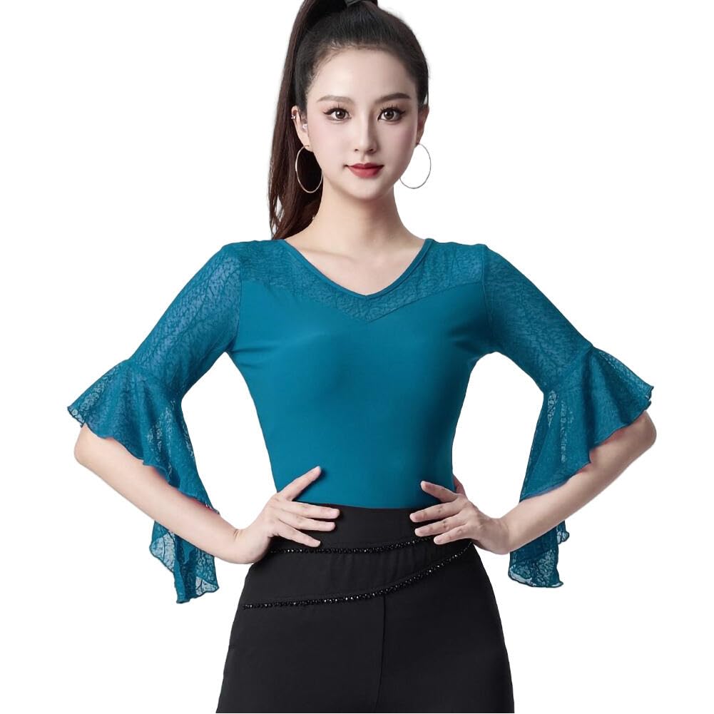 [RIKOUZY] 社交ダンス トップス 練習着 Vネック 7分丈のフリル袖 ラテン/スタンダード対応 ダンスウェア フラメンコ レッスン着 モダンダンス Tシャツ カットソー 洗濯機OK