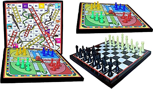 Image of PMG Wooden Ludo Game Snakes Ladders & Chess Board Combo with 2 Set of Ludo with dice Coins 1 Chessmen Coins Set (16x16 Inch Combo Ludo, Snakes-Ladders & Chess)