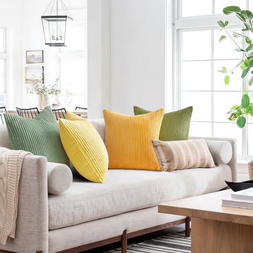 Image of Topfinel Euro Shams Decorative Throw Pillow Covers 26x26 Inch Set of 4,Oversized Large Cushion Cases for Couch Sofa,Living Room,Corduroy Yellow Green Summer Home Decor