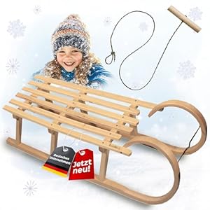 Hörnerrodel 120 cm für 2 Personen - Holzschlitten - massivem Buchenholz - Hörnerschlitten Rodelschlitten mit Zugseil & Holzgriff - Schneeschlitten robust Leichtlauf-Stahlkufen