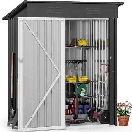 Image of DWVO Metal Outdoor Storage Shed 5x3ft, Lockable Tool Sheds Storage with Air Vent for Garden, Patio, Lawn to Store Garbage Can, Lawnmower, Dark Gray