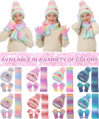 Kids Winter Hat Scarf Gloves Set, Girls Boys Toddler 8% Wool Warm Fleece Lined Pom Pom Beanie Hat Knit Neck Scarf Soft Thick Mittens Gloves for Cold Weather 3 In 1 Birthday Christmas Gift for Children3
