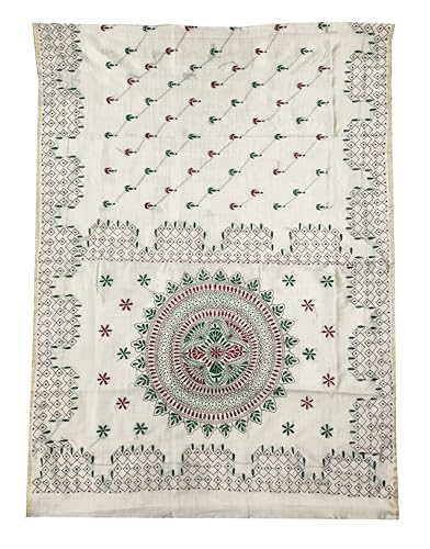 Image of SHRISTI CLOTHINGS Women's Hand Embroidered Cotton Silk Kantha Stitch Saree with Blouse Piece (J420824 OFFWHITED90)