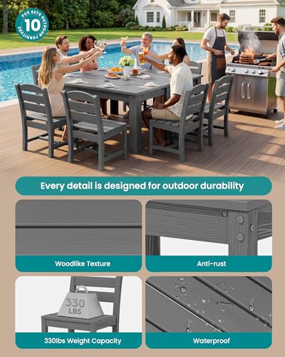 Image of SERWALL 59 inch Outdoor Dining Set for 8, HDPE Dining Set, Gray | Include 2 Rectangular Tables and 8 armless Chairs, All Weather Dining Sets for Garden, Backyard