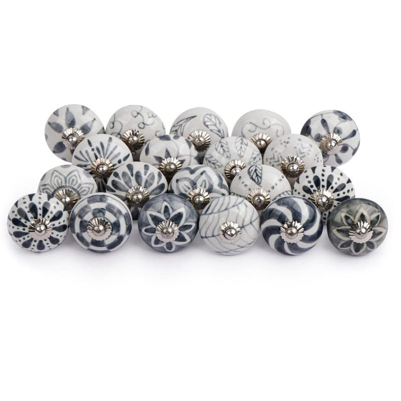Art Of Creation Lot de 10 boutons de porte en céramique gris et blanc de qualité supérieure avec motifs assortis faits à la main, vintage, shabby chic,...