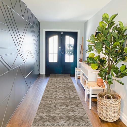 KILOCOCO Hallway Runner Rug 2.6'x10' Runners for Hallways Washable Runner Soft Non Slip Printed Geometric Low-Pile Rugs Runners for Bedroom Kitchen Living Room Boho Rugs, Green Brown