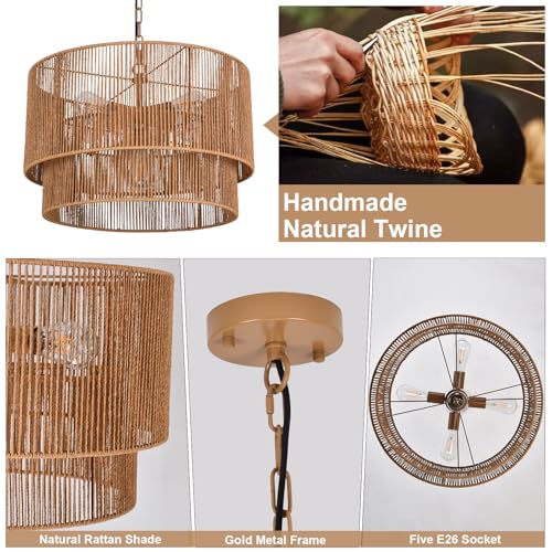 Boho Large Rattan Chandelier Light Fixture, 22 Hand Woven Rustic Boho Chandelier 5-Light Farmhouse Chandelier Hanging Light for Dining Room, Kitchen Island, Living Room, Foyer, Bedroom