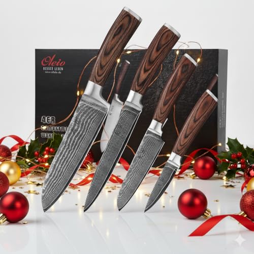Wakoli EDIB 4-teiliges Küchenmesser Set aus Damaststahl (VG10 Kern) in edler Geschenkbox – Scharfes Damastmesser Set mit Pakkaholzgriffen –...