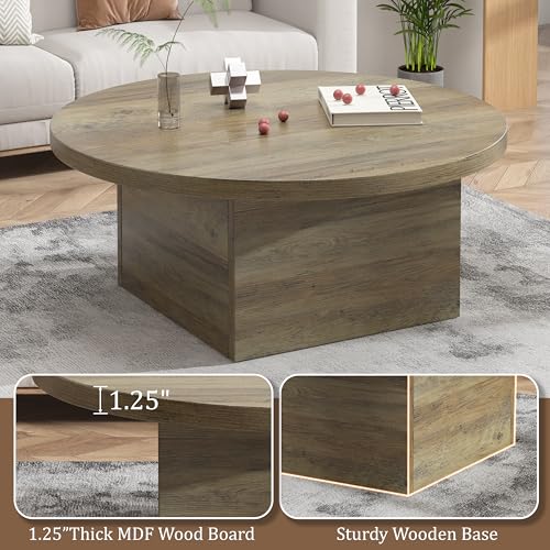 Farmhouse Coffee Table Round 35.5 Inch Modern Center Tables Wood Cocktail Table, Scratch-Resistant Accent Table with Sturdy Frame for Living Room, Apartment, Home Office & Lounge (Oak Brown) — view 4