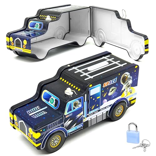 Image of VGRASSP Space Theme Metal Bus Piggy Bank Toy for Kids - Cute Money Safe with Lock and 2 Keys - Gullak Coin Box Gift - Color As Per Stock