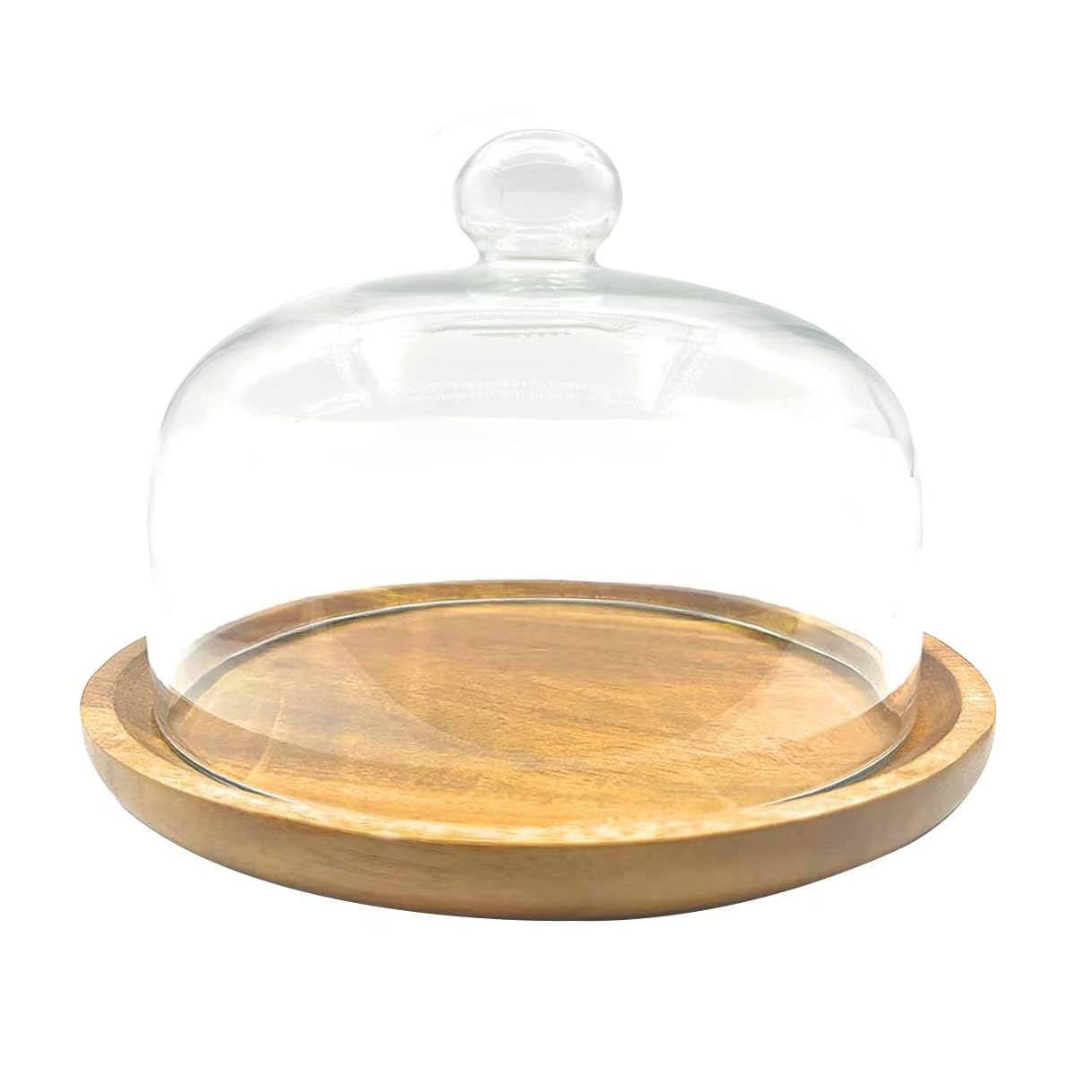 8 Inch Wooden Base Cake Display Stand with Glass Dome,Cloche Clear Glass Bell Jar Cover for Dessert Cheese Candy Plants Succulents