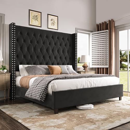 PaPaJet Queen Size Bed Frame with 61.4' Tall Wingback Design Headboard, Velvet Upholstered Platform, Handmade Deep Button Tufting, Solid Wood Legs, No Box Spring Needed, Black