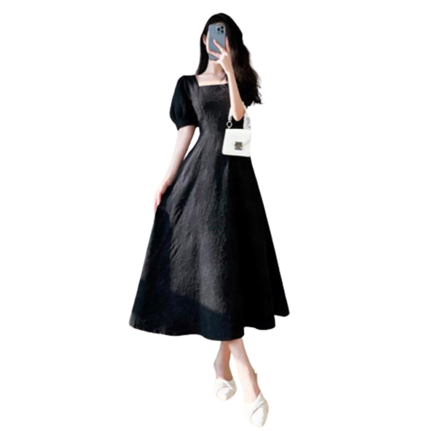 QQLady 2023 Französisches Kleid mit quadratischem Ausschnitt, Damen-Sommerkleid mit quadratischem Ausschnitt und Puffärmeln, Retro-Taille, schlankmachendes, sanftes Kleid (Black,Small)