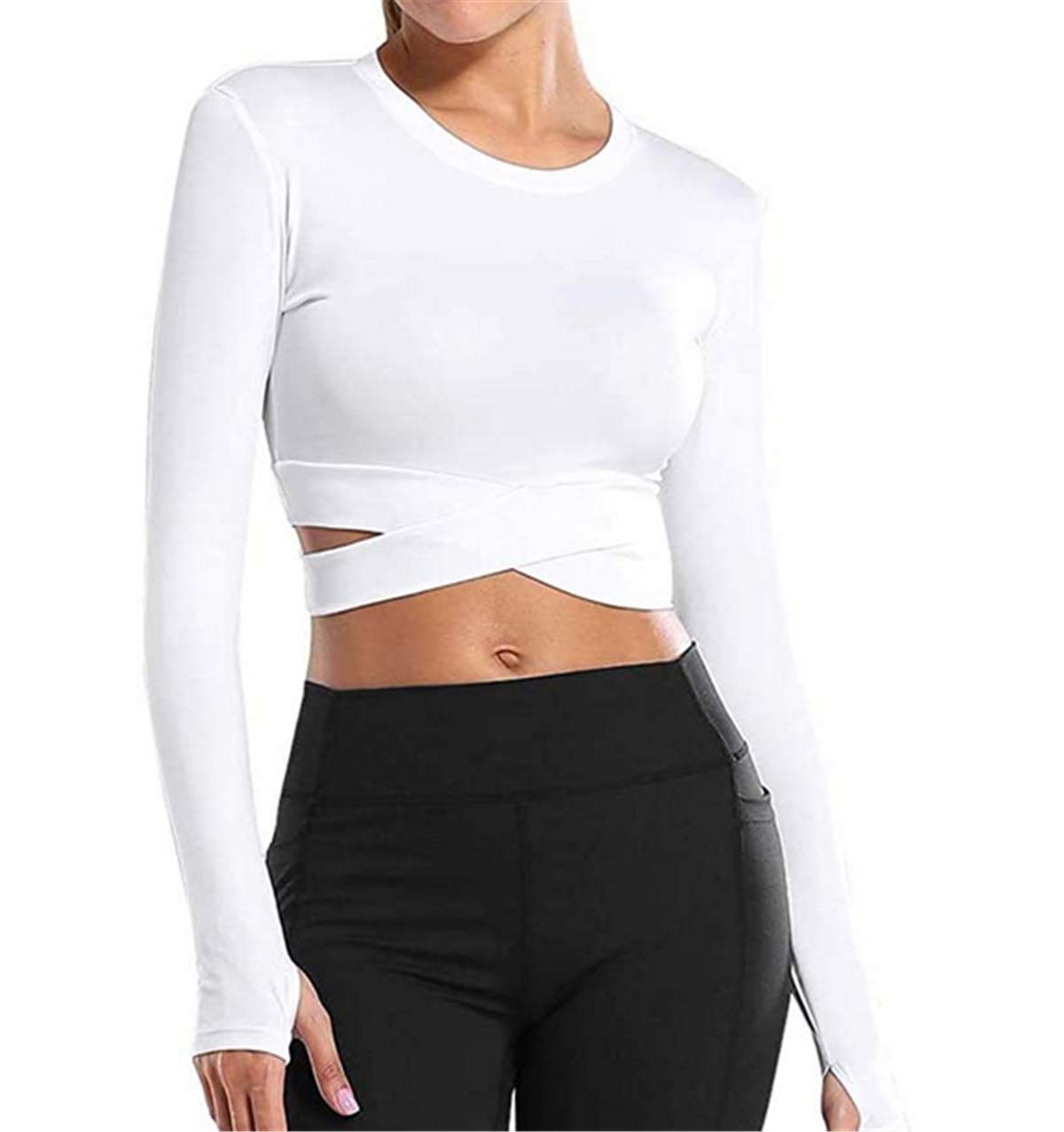 AfocuzWomen Yoga Gym Crop Top Compression Workout Athletic Long Sleeve Shirt Sportwear