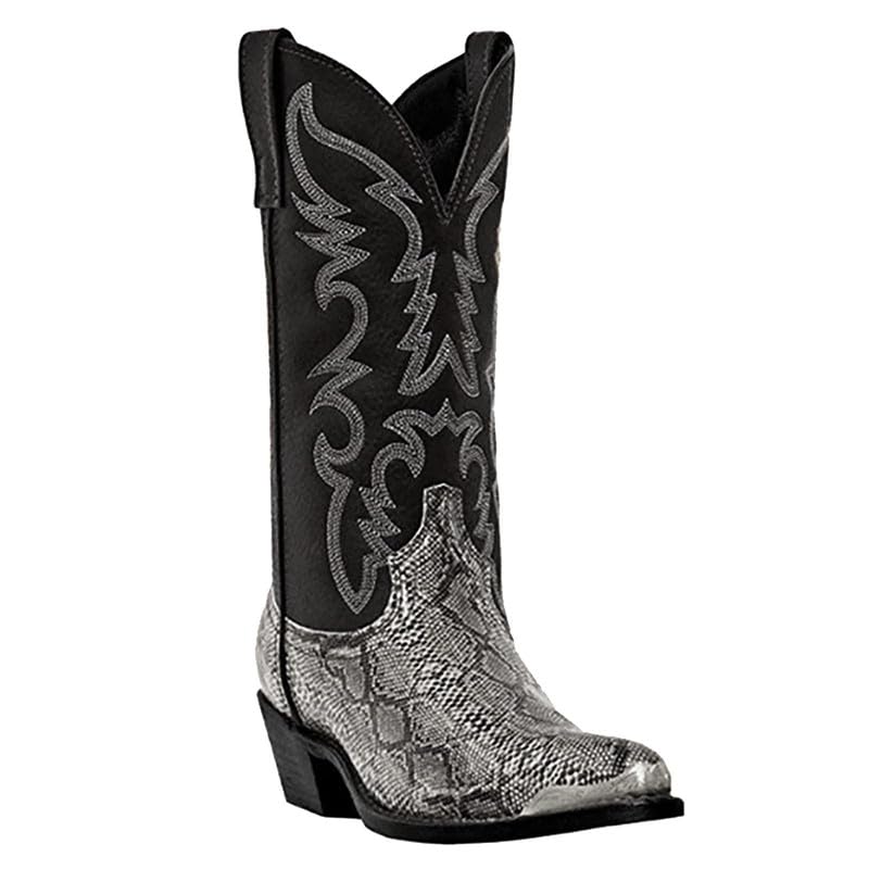 Cowboy Boots For Men Wide Calf Mid-Cylinder Embroidered Pointed Square Toe Chunky Block Heel Outdoor Work Boots