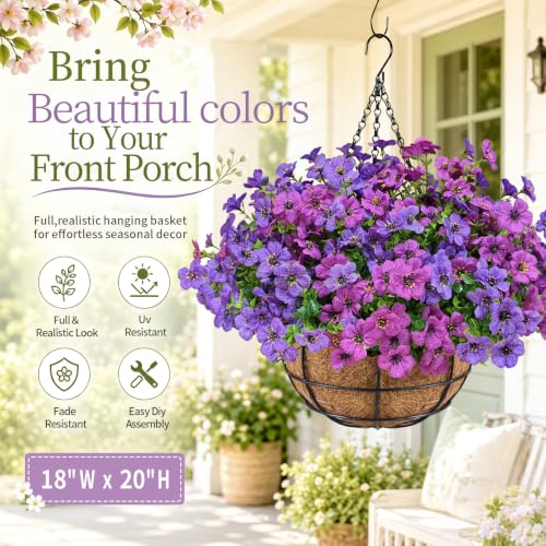 Image of 2 Set Outdoor Artificial Hanging Flower Baskets with Coco Liners, Purple
