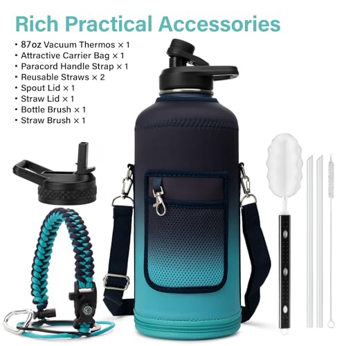 Insulated Water Bottle | Thickened Stainless Steel for Gym and Hiking with Straw, Carrier Bag, Handle Strap | BPA-Free 87 oz