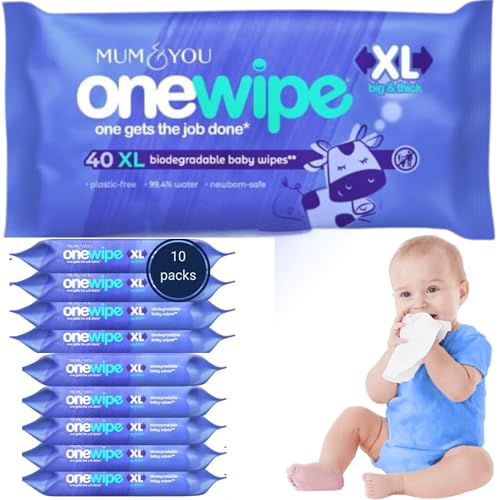 Mum & You Onewipe Baby Wipes Multipack, 100% Biodegradable Wet Wipes (10 Packs= 400 wipes), 99.4% Water, Blue, 40 count (Pack of 10)