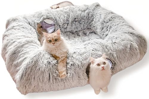 XxingSheep 4 Cave Shuttled XL Cat Tunnel Bed for Indoor Cats Peekaboo Toy Donut with Warm Mat