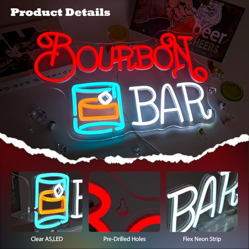 Image of Bourbon Bar Neon Signs for Wall Decor Dimmable LED Neon Light USB Powered Light up Signs for Home Underground Bar Theme Party Beer Bistro Whiskey Tasting Room Decor Gift for Dad