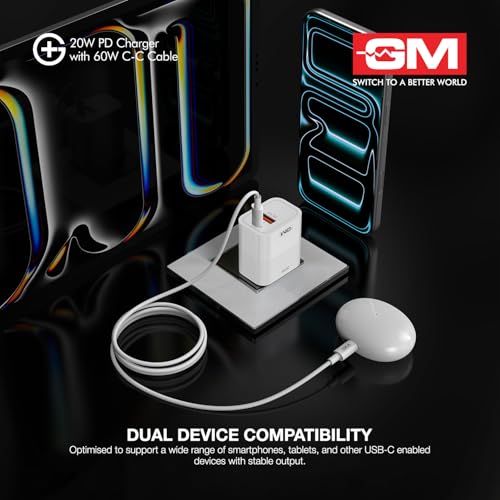 Image of GM G+ 20W PD Fast Charger with 60W Type-C Cable 1M | USB-C Power Delivery Wall Adapter with Fast Charge & Data Sync Cable | Compatible with iPhone, Android, Tablets, Earbuds.