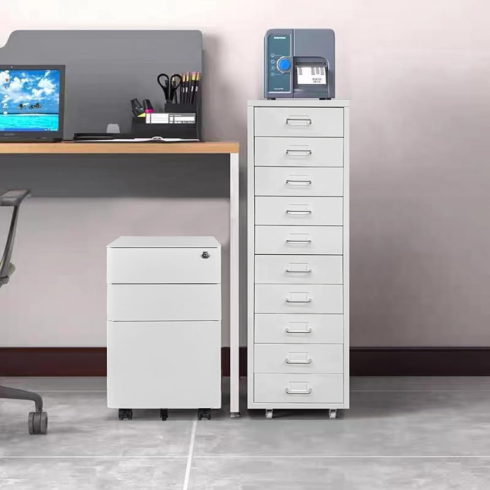Panana Filing Cabinet on Wheels, 10 Drawers Metal Documents Cabinet With 4 casters Office Storage Unit (White-10 Drawer)