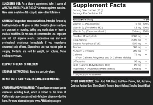 Image of Amazing Muscle Max Boost | 25 Servings | Intense Pre-Workout Supplement for Men & Women | Contains Creatine Monohydrate, Caffeine, Beta-Alanine, Betaine (25 Servings, Green Apple)