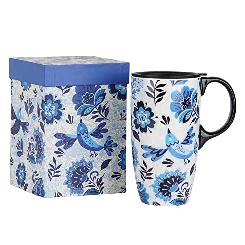 Topadorn Ceramic Mug with Lid and Gift Box Latte Mug Coffee Cup,17oz.Blue Bird