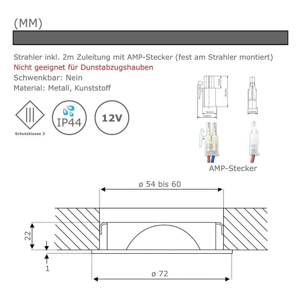 3x IP44 LED Einbauspots 12V, flach, 2,4W, 200lm, Edelstahl gebürstet, inkl. LED-Trafo, 230V Zuleitung mit Stecker, AMP Verteiler, Neutralweiß 4000K, Lochdurchmesser 54-60mm, Plug and Play.