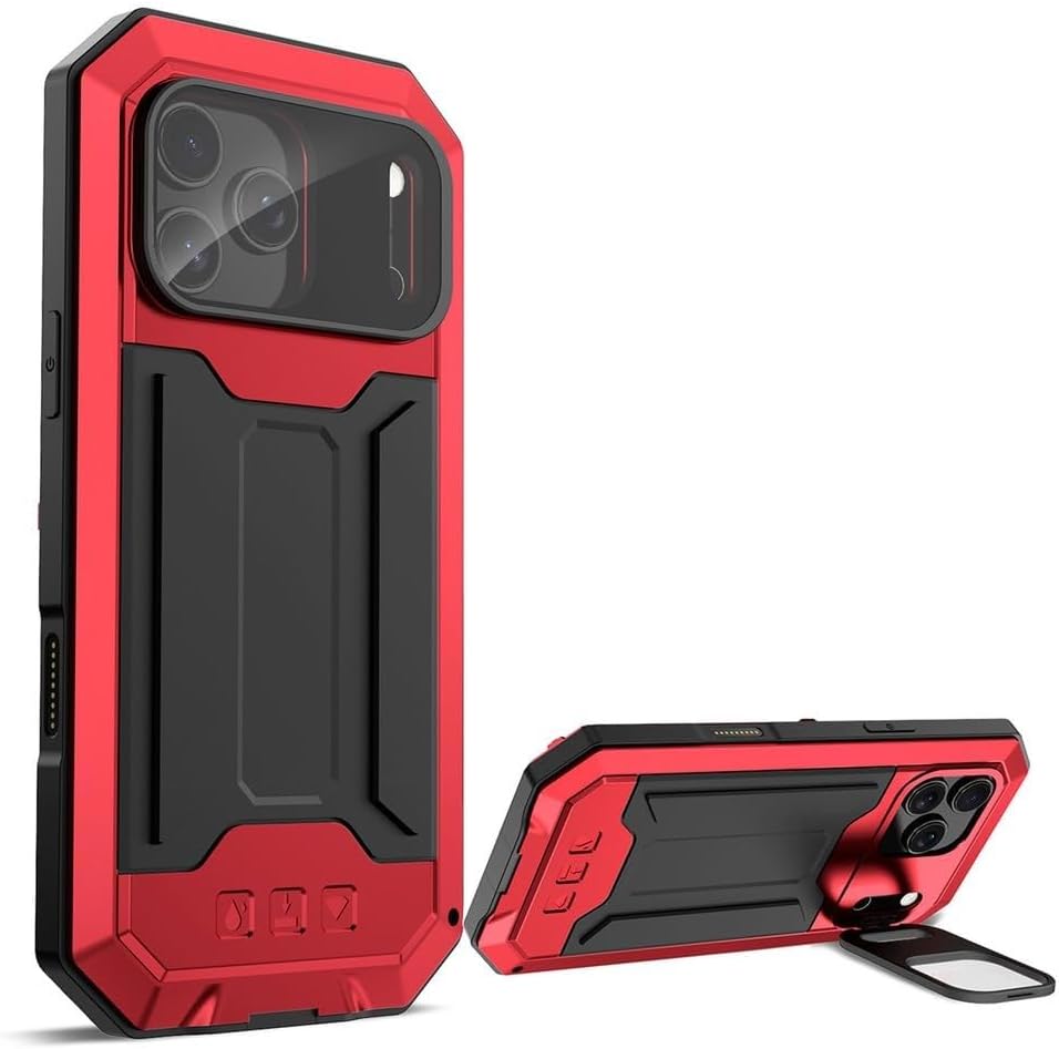 Heavy Duty Case for iPhone 17/17 Air/17 Pro/17 Pro Max, Flap Lens Stand Function Shell Support Wireless Charging Metal Bumps Military Screen Protector Case(Red,17 Pro)