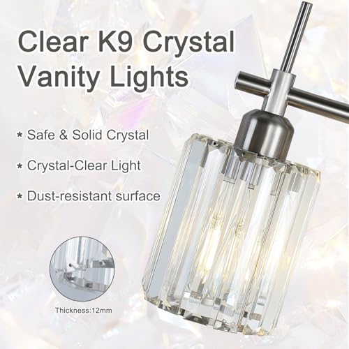 Image of Crystal Bathroom Vanity Light, Brushed Nickel Bathroom Lighting Fixtures, 3-Light Modern Wall Sconces with Crystal Clear Shades for Bedroom Living Room