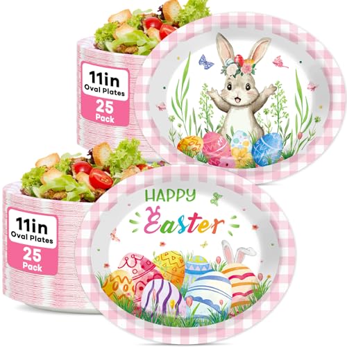 Wiooffen 50Pcs Easter Oval Party Plates Easter Bunny Egg Oval Paper Plates Tableware Pink Plaid Serving Dish Trays Platters for Spring Baby Shower Wedding Birthday Party Table Decor Supplies 50 Guests