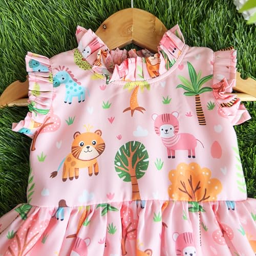 Image of Stanwells Kids Baby Girls Off-White Animal Print Cotton Rayon Knee-Length Frock | Sleeveless Summer Dress with Lion Print & Flared Back Zipper (6 Months-7 Years)