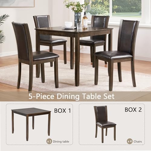 Image of KEIKI 5-Piece Standard Height Dining Table Set with Square Table, 4 Upholstered Chair, for 4 Person, Farmhouse Rustic Style Table Set, Easy Assembly, for Kitchen, Dining Room, Dark Walnut