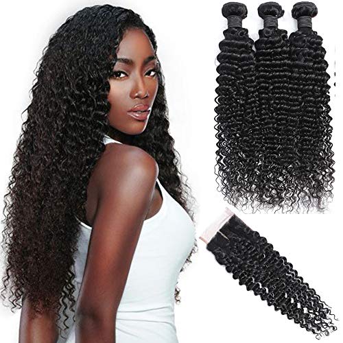Deep Wave Bundles with Closure 3 Bundles Brazilian Human Hair Extensions with 4x4 inch Swiss Lace Closure Deep Wave Curly Hair Natural Black