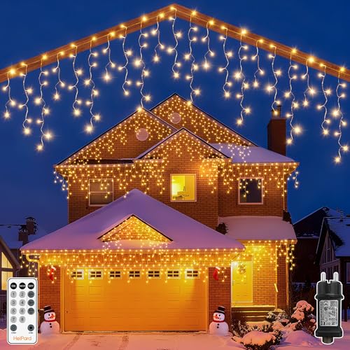 HeiPard Luci Natale Esterno Cascata, Tenda Luminosa 12.15m con 486 LED Luce Calda, Luci Natalizie da Esterno con Telecomando, Timer, IP44 per Balcone, Tetto, Giardino - Bianco Caldo