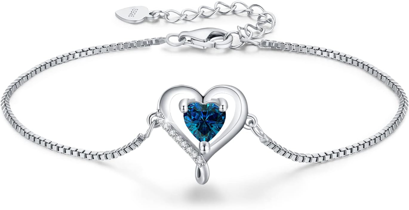LAVUMO Love Heart Bracelet for Woman 925 Sterling Silver Bracelets for Women Adjustable Birthstone Bracelet Anniversary Christmas Birthday Jewelry Gifts for Woman Girlfriend Wife Mother Daughter Mom Her