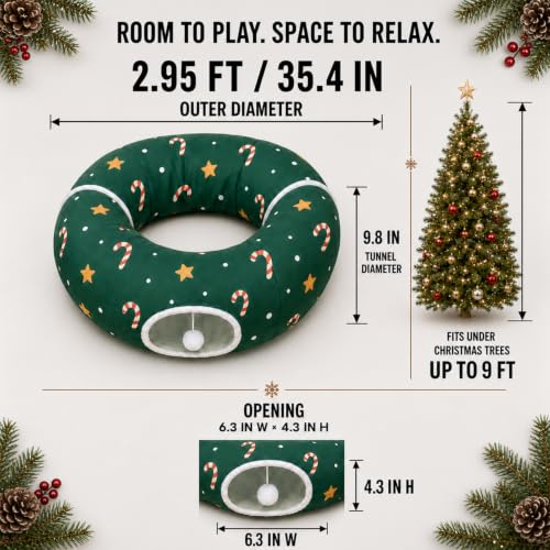 Image of Cat Tunnel Bed in Christmas Style with Star, Crutches Candy, and Snowflakes Patterns - 3FT x 3FT x 9.8 INCH Size Green Decorative for Festive Felines